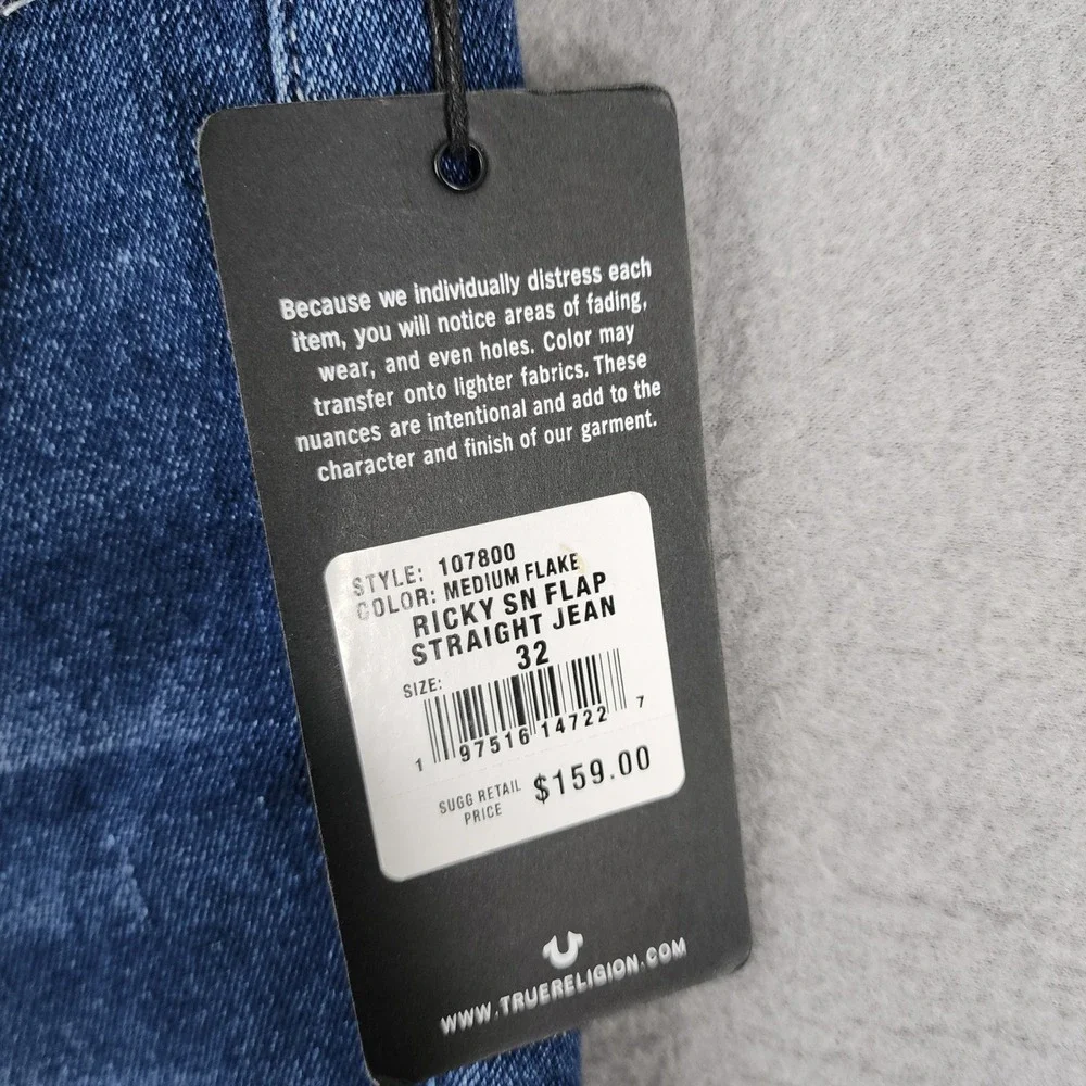 True Religion Ricky Straight Jeans Mens‎ 32x34 Blue Flap Pocket Y2K Streetwear
